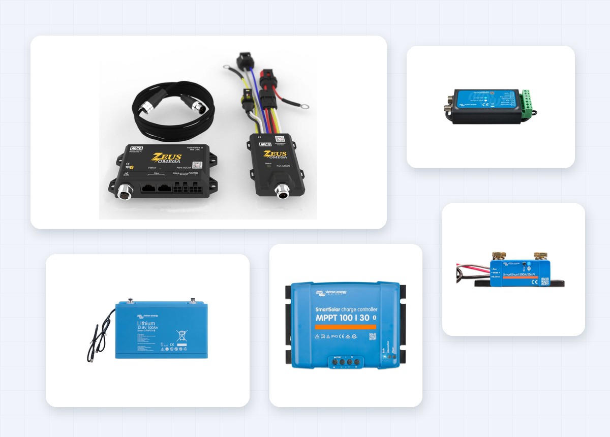 ARCO Zeus, Victron lithium battery, SmartSolar MPPT, SmartShunt and SmallBMS laid out as one DC power system