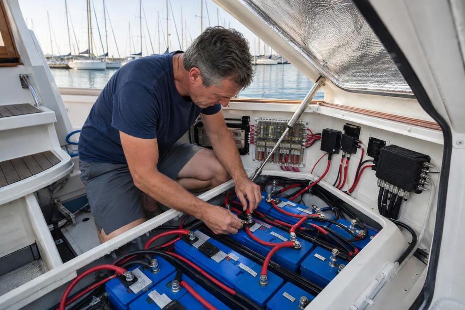 Boat owner wiring a lithium battery bank, sailboats in the marina behind