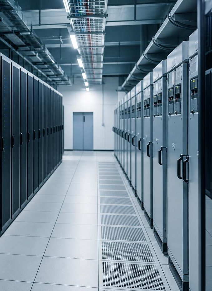 Data center aisle with server racks and battery backup cabinets