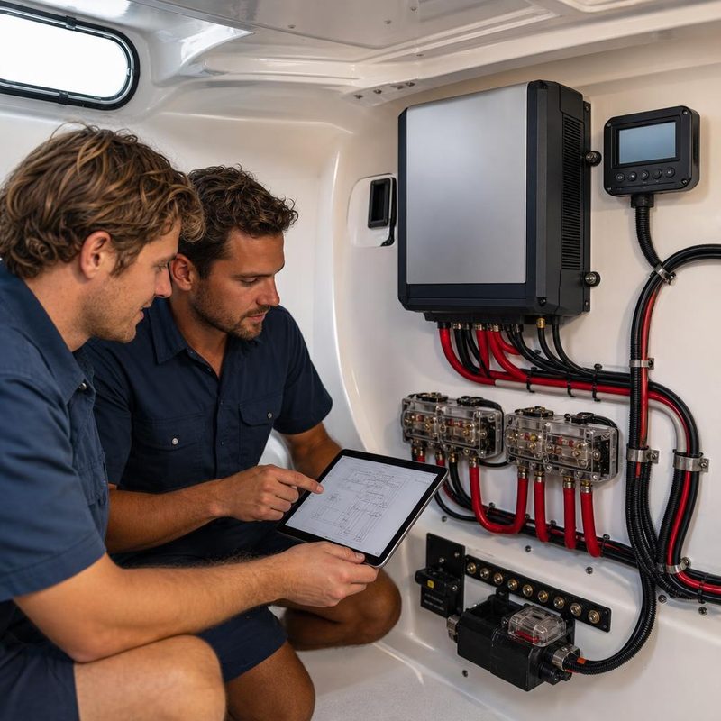Two marine electrical technicians reviewing a wiring diagram next to an installed inverter, battery monitor and fuse blocks on a boat