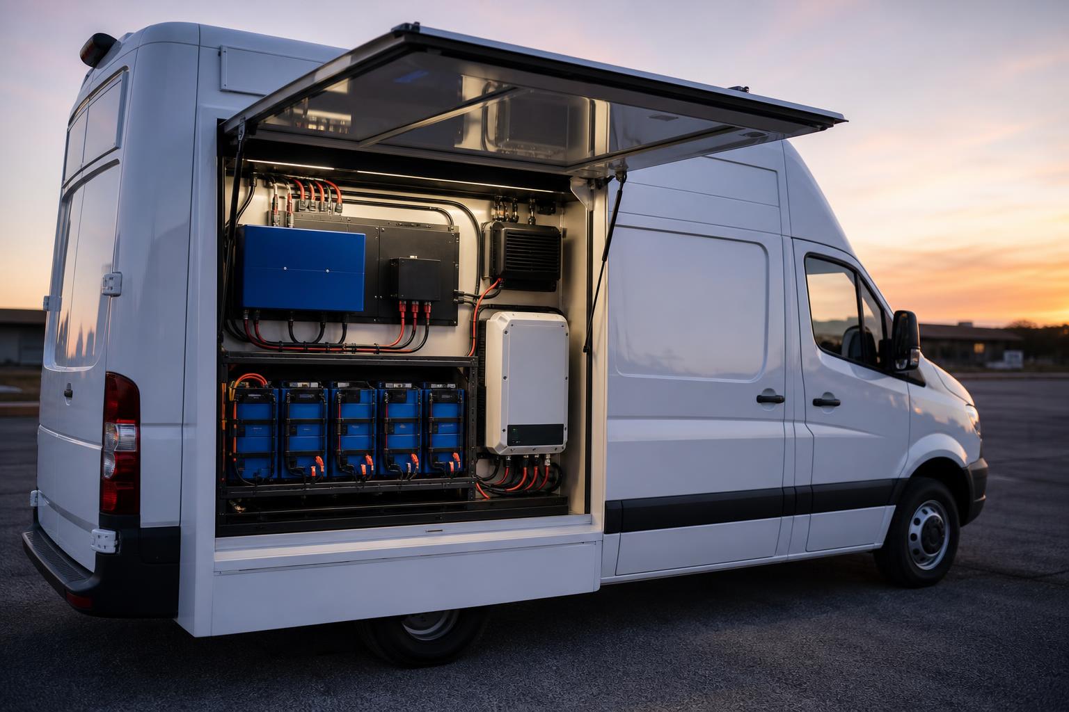 Emergency response vehicle with its side compartment open showing a lithium DC power system