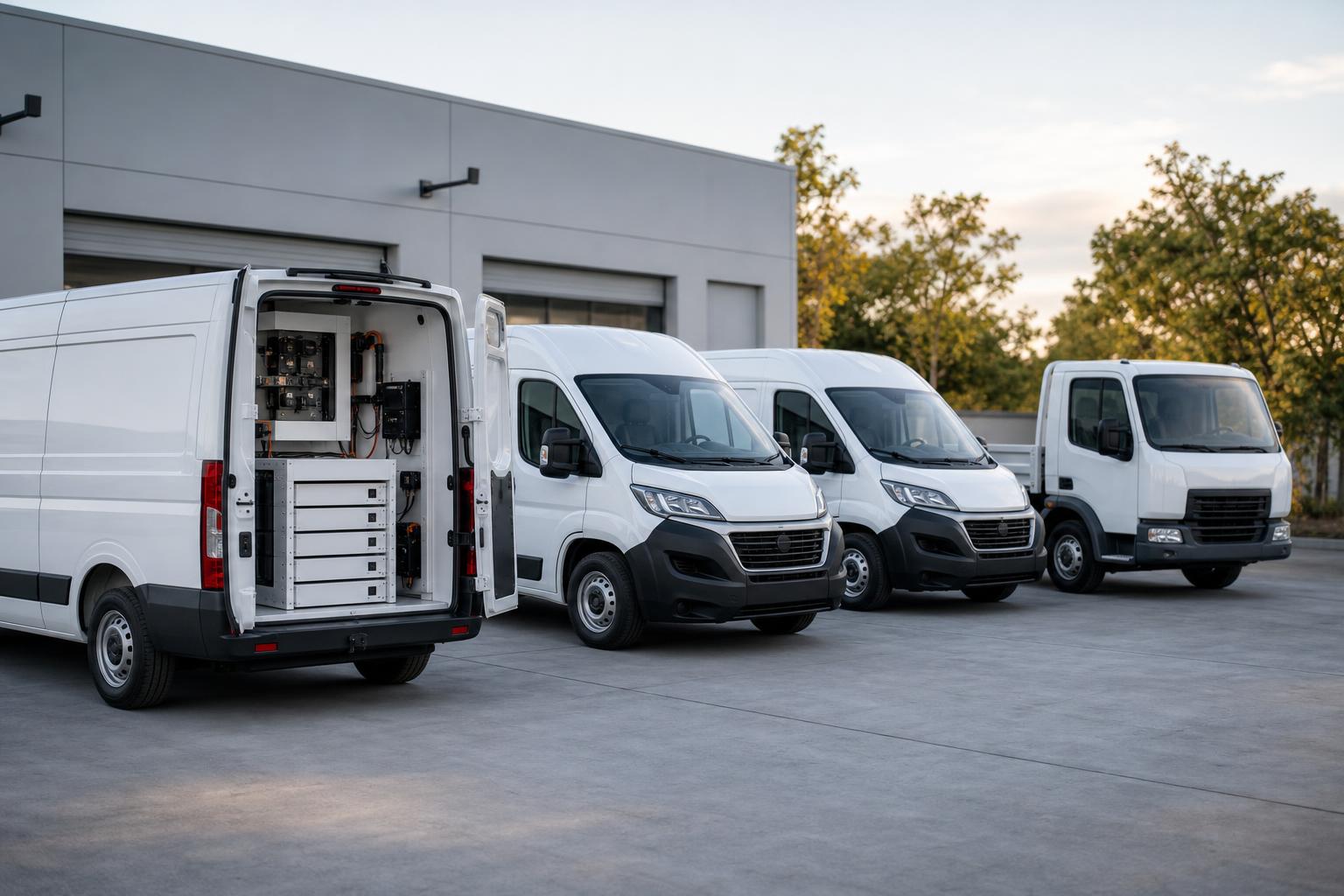 Fleet of white service vans at a depot, one with an installed DC battery and electrical system
