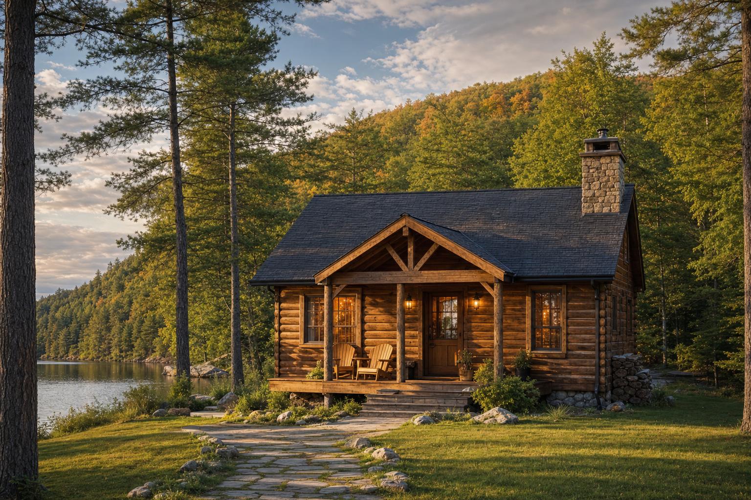 Log cabin among pines by a lake